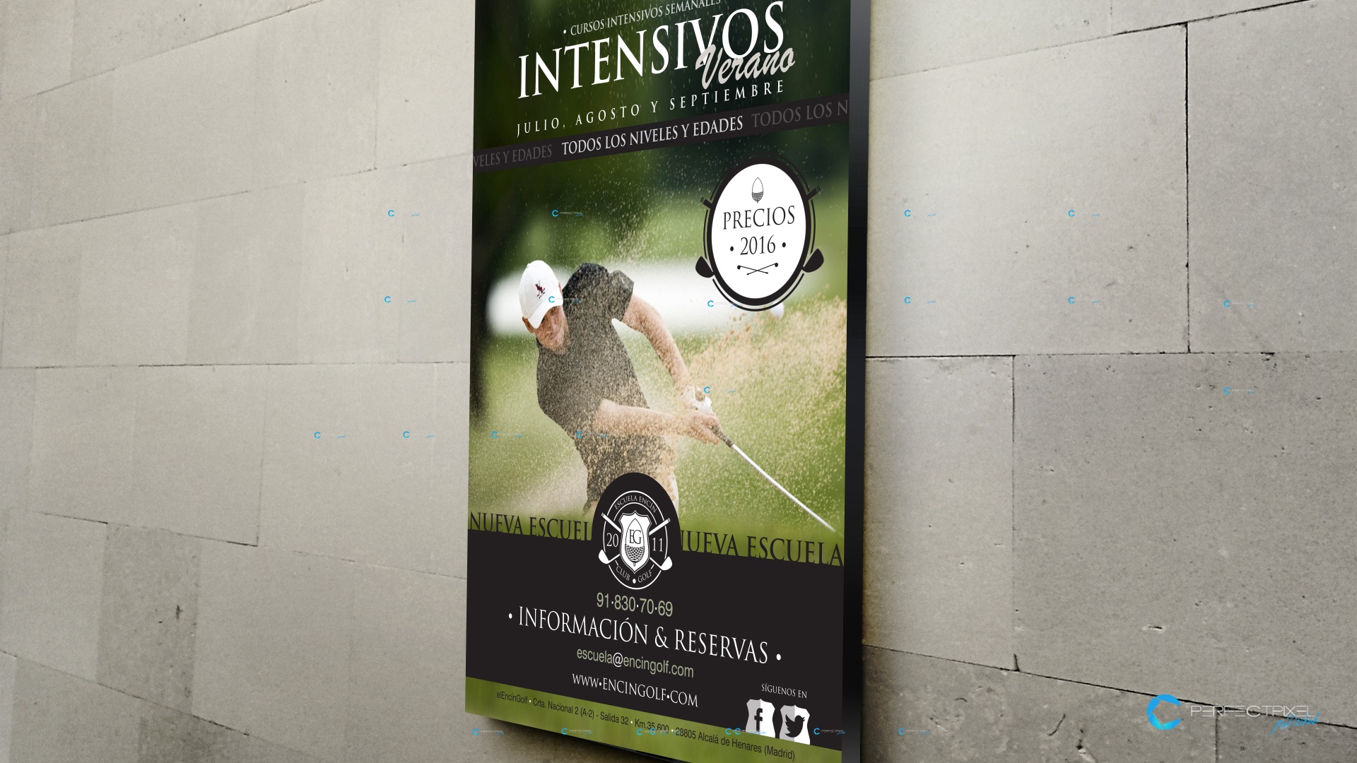 Cartel publicitario cursos intensivos de golf en Madrid - Encín Golf Hotel