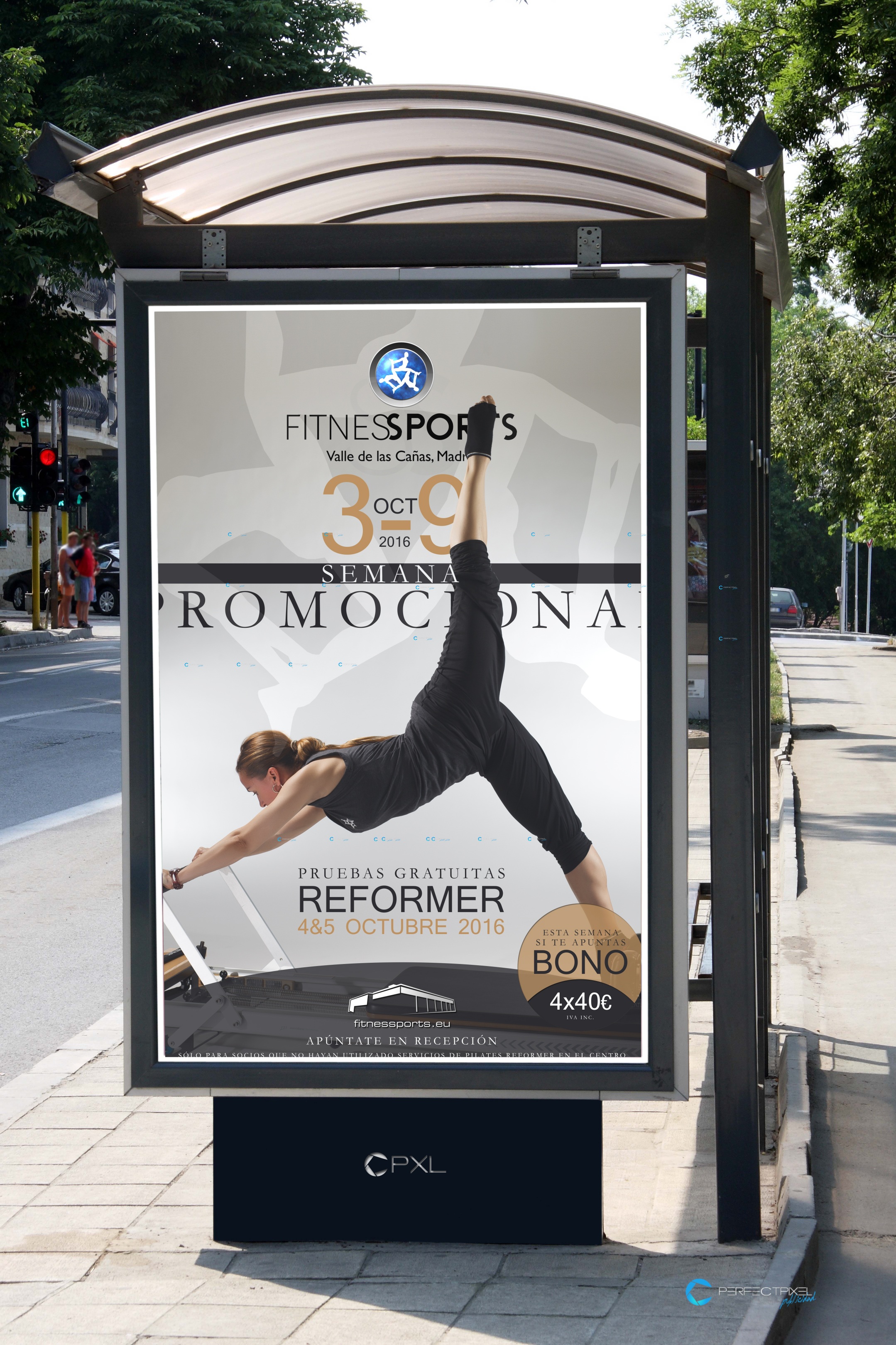 Cartel publicitario para escuela de pilates reformer PerfectPixel